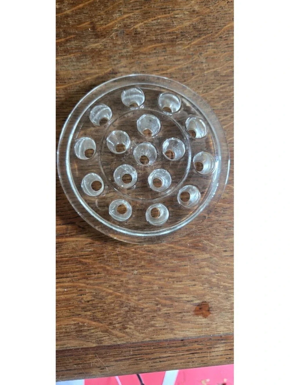 Vintage Clear Round Glass 16 Hole Flower Frog Flowers Arrangements Holder 5”